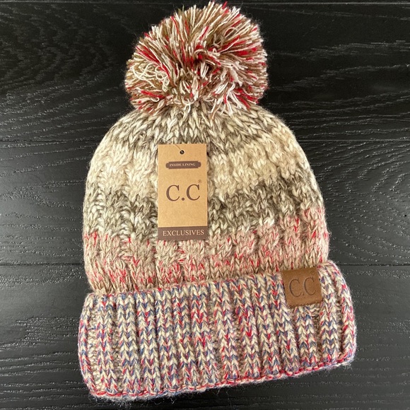 1 Left! C.C Beige Beanie Lined with Pom - Picture 3 of 8